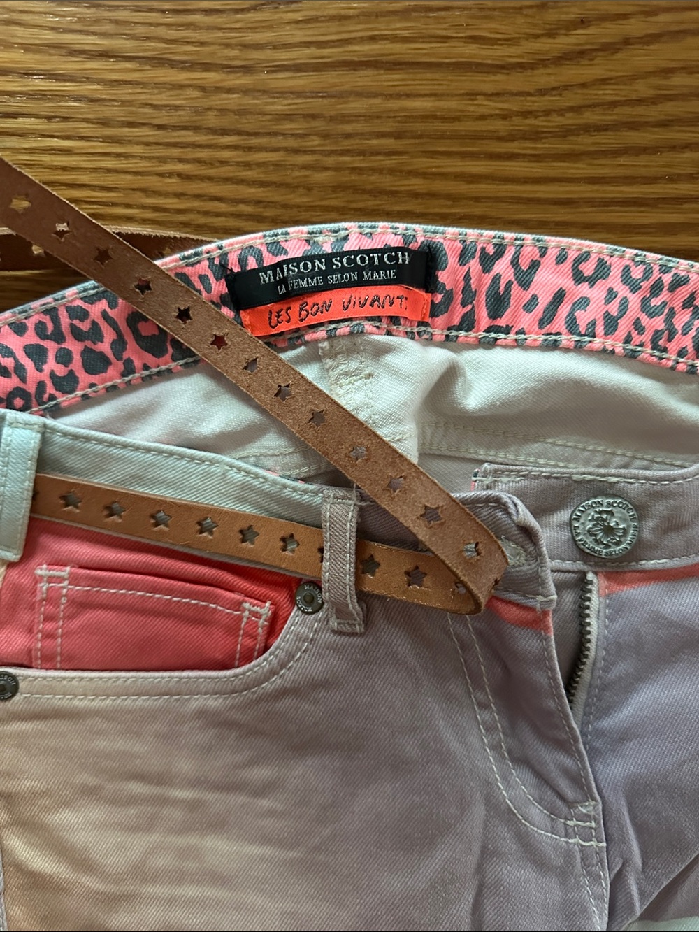 Maison Scotch Pink Leopard Trim Jeans with Brown Star Belt